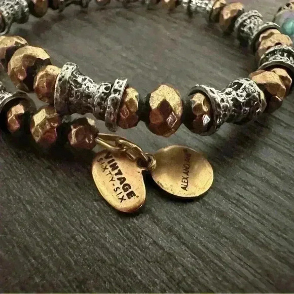 Alex And Ani Bangle Bracelets Gold and Turquoise Beads  Boho Adjustable Size - Picture 2 of 4